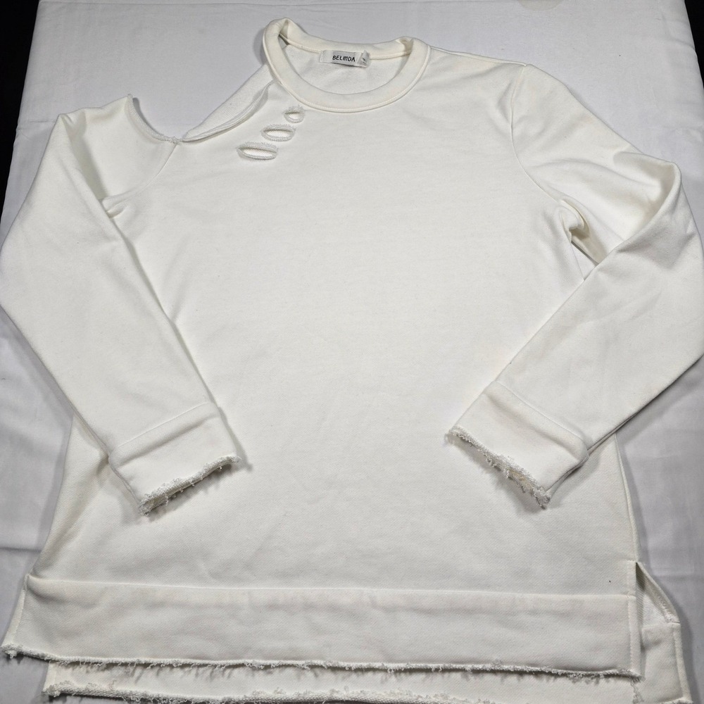 Belinda Womens Cold Shoulder Sweatshirt Cream White Distressed Raw Hem‎ Medium